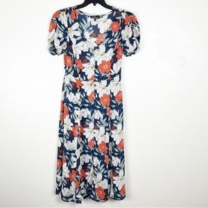 LULUS Navy Blue Floral Print Sheer Pretty Poppies V-Neck Dress, Size Medium
